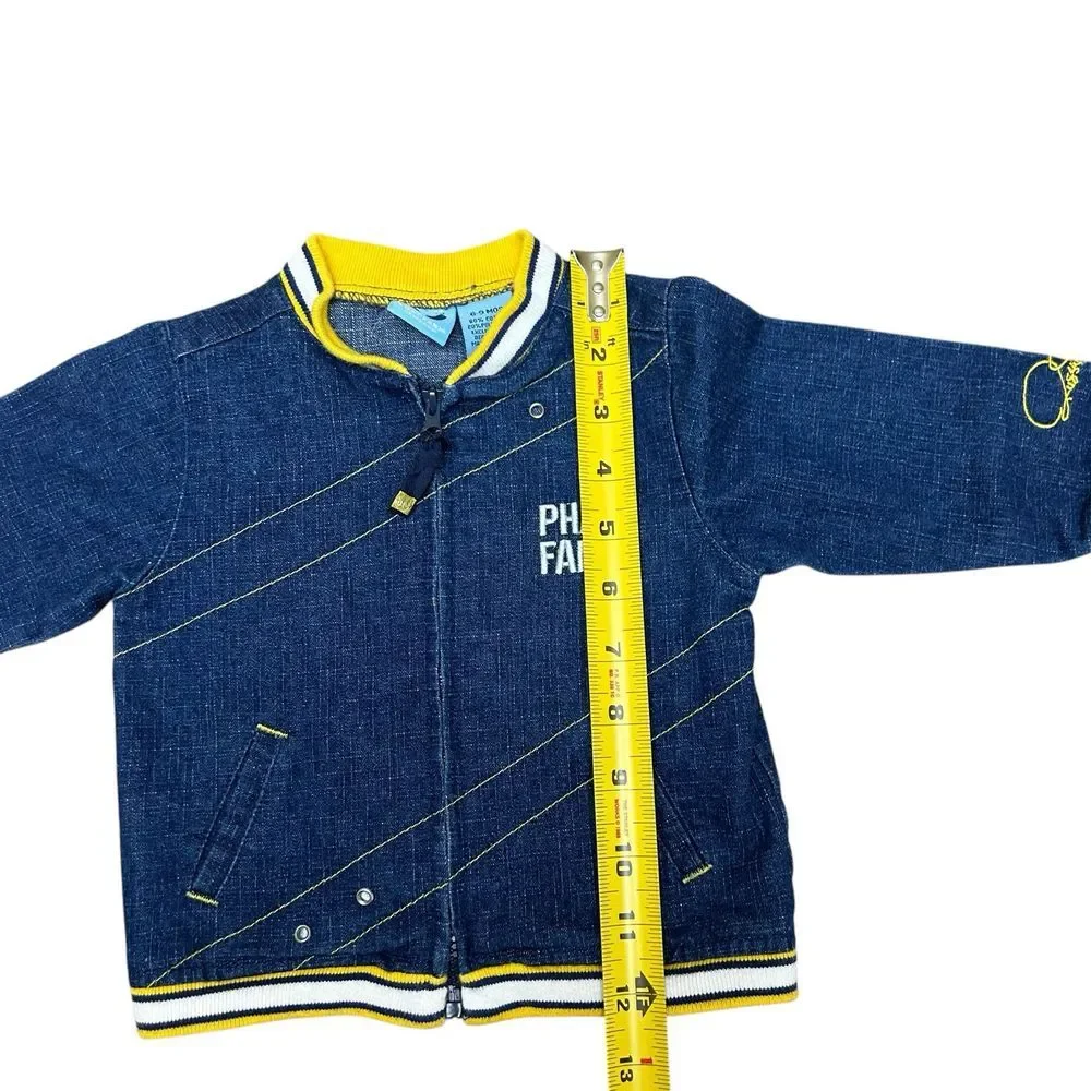 Phat Farm Boys Denim Jacket Size 6-9m‎ Blue Yellow Zip Logo Pockets
